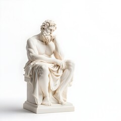 Detailed sculpture of a thoughtful pensive male figure in a contemplative pose sitting with a focused introspective gaze  The statue is made of smooth pristine white marble against a clean