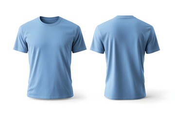 Blank Blue Pastel Empty Front and Back Side T shirt Isolated Against White Background with Rendering for Clothing Apparel Fashion and Textile Designs and Mockups