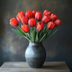 A vibrant bouquet of tulips in a vase with pink, yellow, and green hues, beautifully arranged and blossoming, representing the essence of spring and nature's beauty