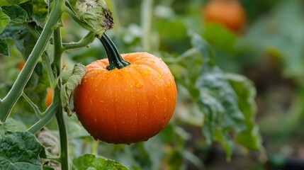 89. **A close-up of a freshly picked pumpkin on the vine.