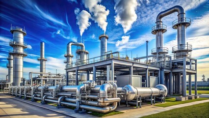 Industrial landscape featuring a natural gas compressor station with rows of pumps, pipes, and valves set against a clear blue sky with minimal clouds.