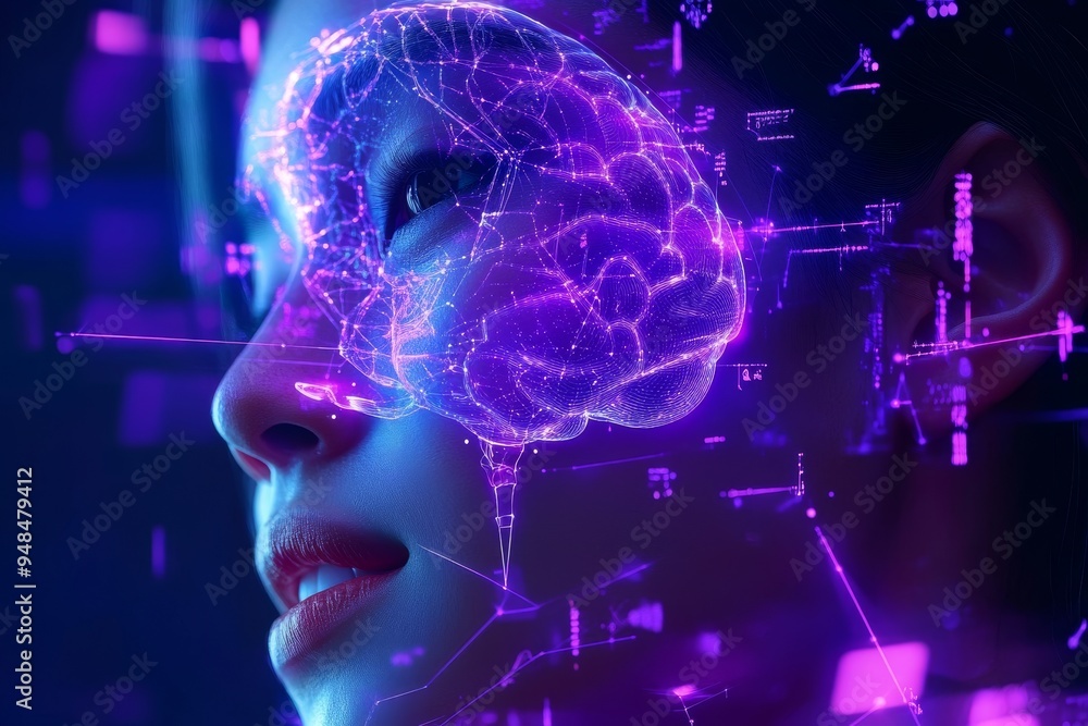 Poster abstract digital illustration of a womans brain with data overlays representing the fusion of human 