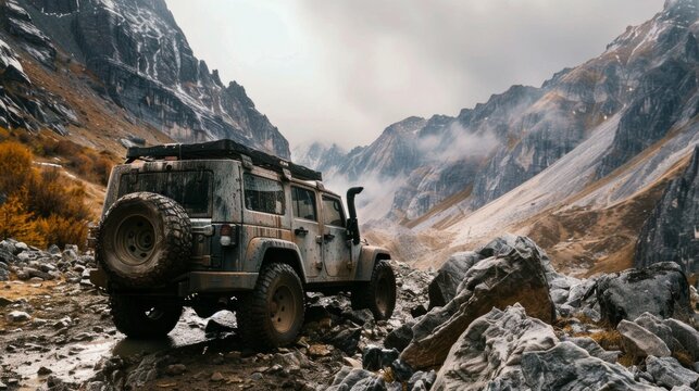 Create a picturesque image of an off-road vehicle climbing a rocky trail in the wilderness. The vehicle should be rugged and capable, with dirt and mud splattered on its body. 