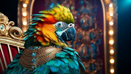 Majestic parrot with sequined feathers and neon crown on a throne.