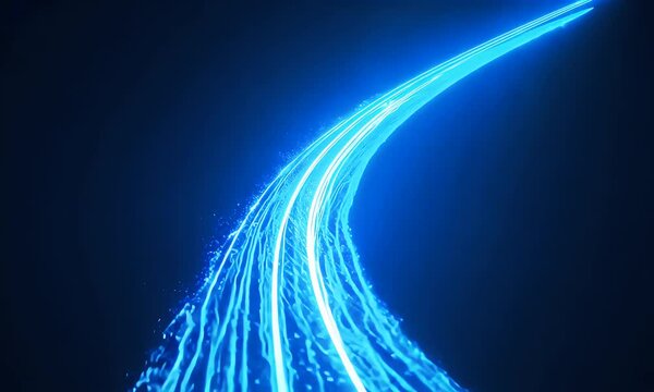 A glowing blue light ray trail twisting and turning, leaving behind a bright, electric path as it moves.