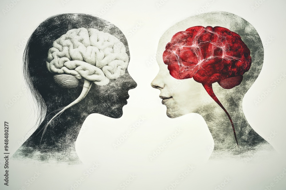 Poster black and white profile heads with highlighted brains representing the contrast between different th