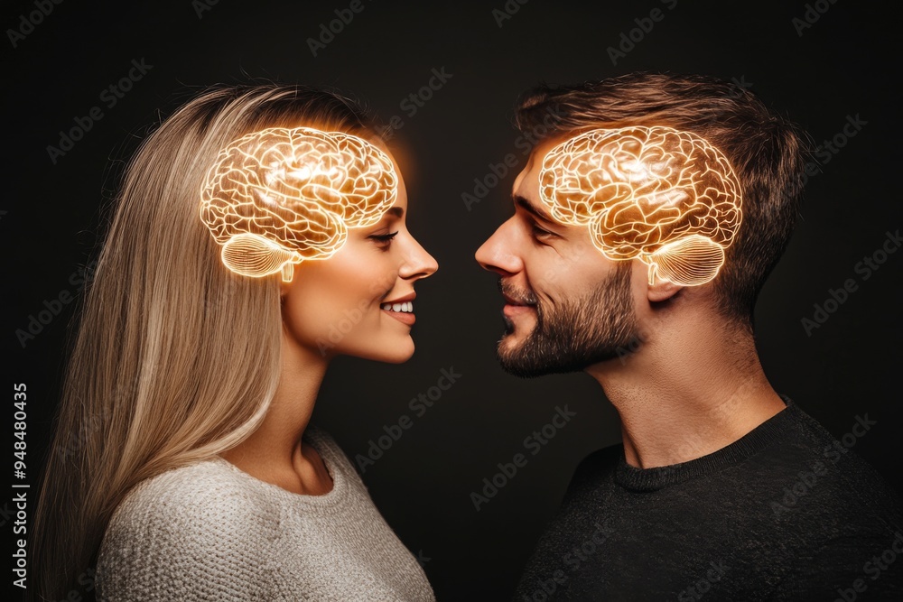 Sticker Couple with glowing brain networks facing each other symbolizing mutual understanding and intellectual harmony in a strong relationship