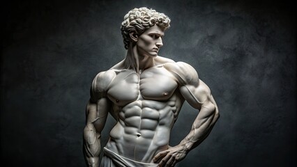 Fototapeta premium Intricately carved white marble sculpture of a male figure with powerful physique, contrapposto stance, and serene facial expression, set against a dark background.