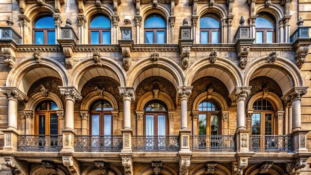 Intricately carved ancient stone columns, ornate balconies, and majestic arched windows adorn a historic building's facade, exuding elegance and sophistication in a bygone era.