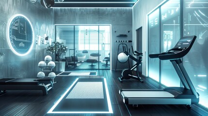 Fototapeta premium Create a scene of a futuristic home gym equipped with smart exercise machines, including a treadmill with a digital interface and a stationary bike with virtual reality capabilities. 