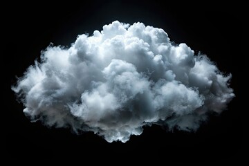 Isolated white fluffy cloud on a black background, conveying a sense of misty fog, smog, or stormy weather, perfect for abstract design or overlay on summer sky images.