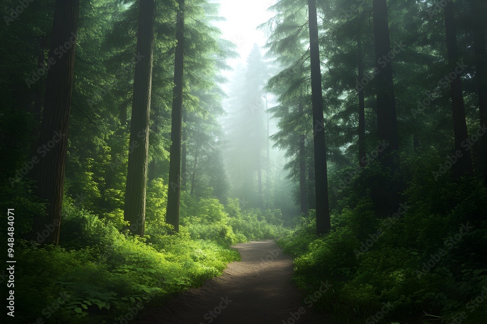 Poster a lush verdant forest trail winds through towering evergreen trees inviting the viewer to pause and 