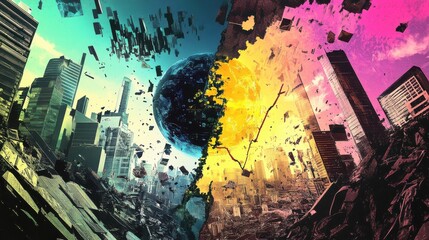 Obraz premium Futuristic concept art depicting a split world, illustrating destruction and vibrant possibilities through vivid colors and surreal imagery.