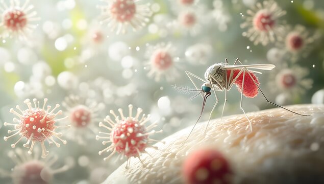 Close-up of a mosquito on human skin carrying a virus, surrounded by floating bacteria, depicting disease transmission and infection risk in a detailed microscopic view.
