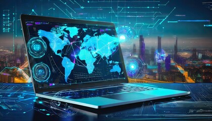 Laptop computer with futuristic interface displaying data visualizations. World map, line chart, numerical values. Dark background, cityscape with neon lights. Modern, technological, dynamic.