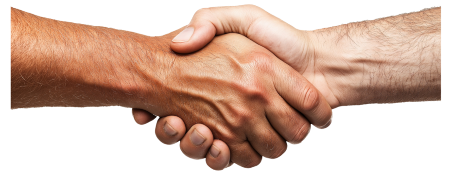 Close-up of two hands shaking, symbolizing agreement, partnership, and cooperation against a white background.