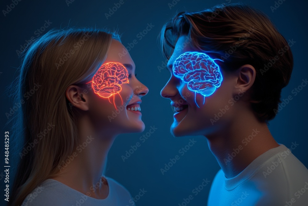 Poster couple with contrasting red and blue brain visuals representing the duality of thoughts and the comp
