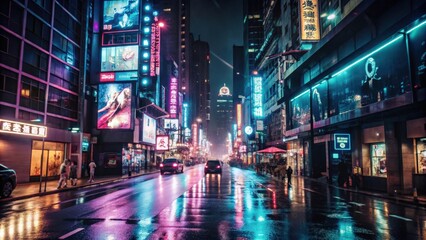 Obraz premium Neon Signs Illuminating a Wet City Street at Night