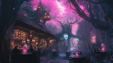 Obraz premium Dark, eerie tavern surrounded by an enchanted forest, pink auroras overhead, dark