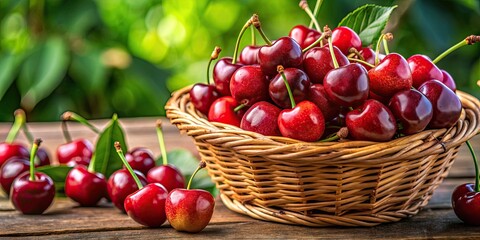 Juicy cherries overflow from a wicker basket, showcasing their vibrant red and black hues, plump texture, and enticing sweet or tart flavor profiles.