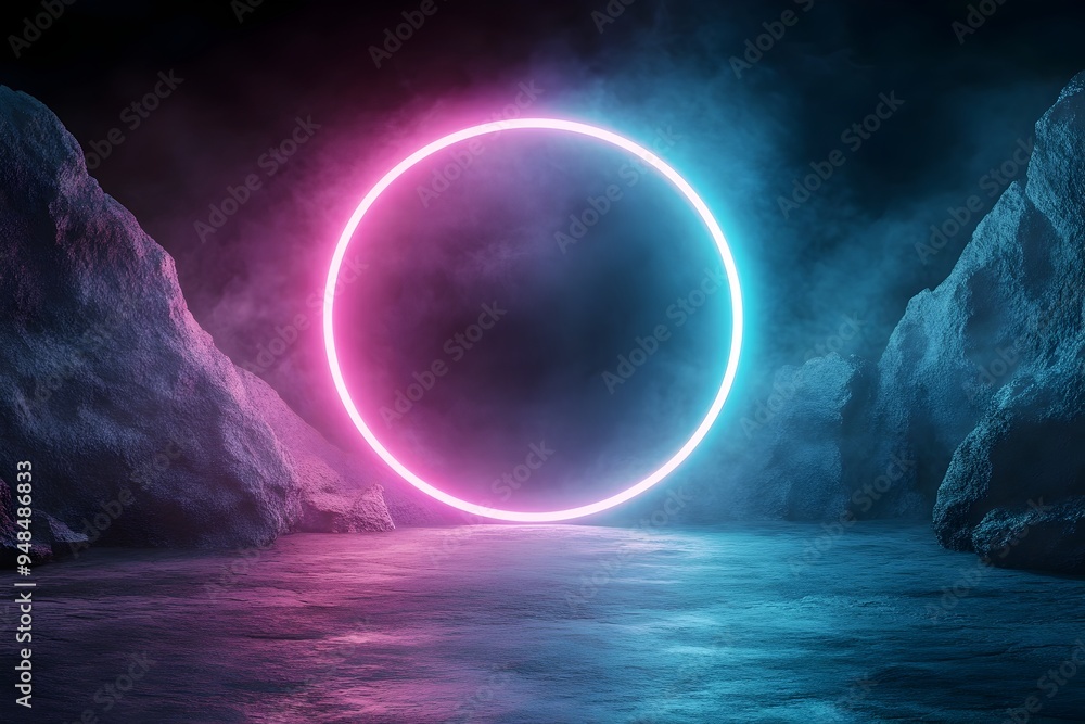 Aufkleber glowing cosmic portal with neon circle gate surrounded by stone formations on a dark fantasy landsca
