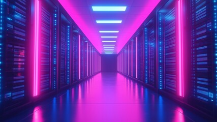 Abstract data center room with bright neon blue and pink light glowing server blocks. Realistic 3d vector illustration of tunnel with digital information and database warehouse super computer
