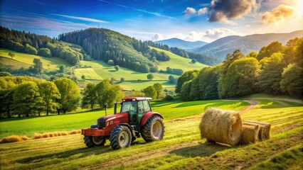 Large red tractor with bucket loader scooping up freshly cut hay bales in a sunny rural field surrounded by lush green trees and rolling hills.