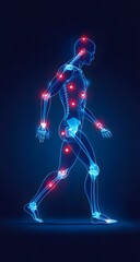 Fototapeta premium Anatomical illustration of a human skeleton walking with illuminated joints and muscles, conveying concepts of movement, health, and medical analysis.