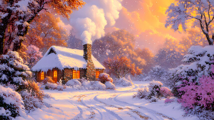 Cozy stone cottage in a snowy forest with glowing windows and smoke rising from the chimney at sunset