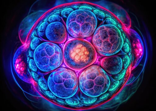 Light Sheet Fluorescence Microscope (Secondary: Developmental Biology, Mood/Style: Dynamic, Technical: Live Imaging, Color: Neon Pink and Blue, Concept: Embryonic Development and Organogenesis)