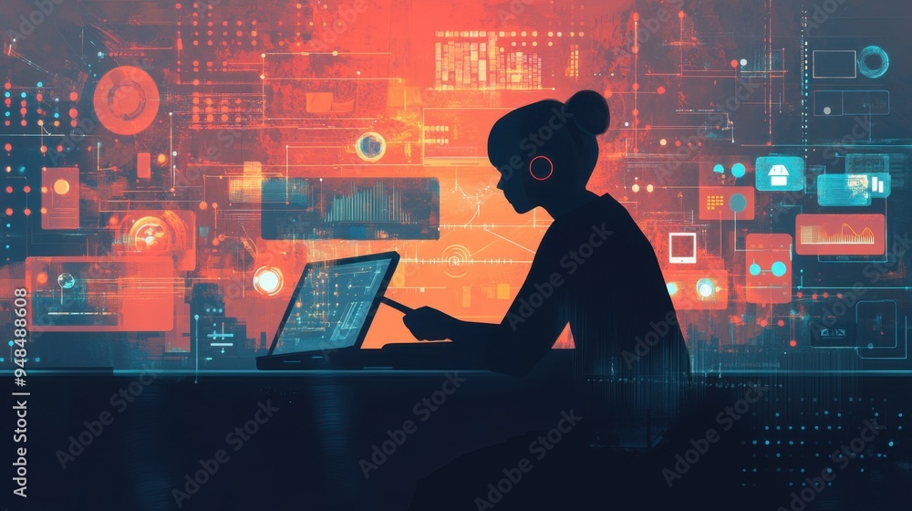 Poster a digital tech background featuring a person using a phone and laptop, with big data and iot symbols