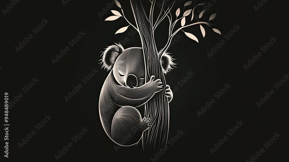 Wall mural Line Art Illustration of a Sleeping Koala Hugging a Tree