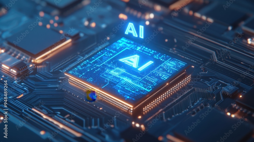Poster a futuristic chip with holographic 
