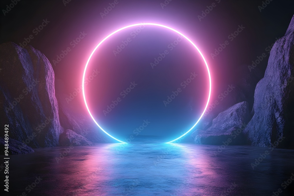 Aufkleber glowing cosmic portal gate made of stone with a mesmerizing neon circle light effect reflecting on a