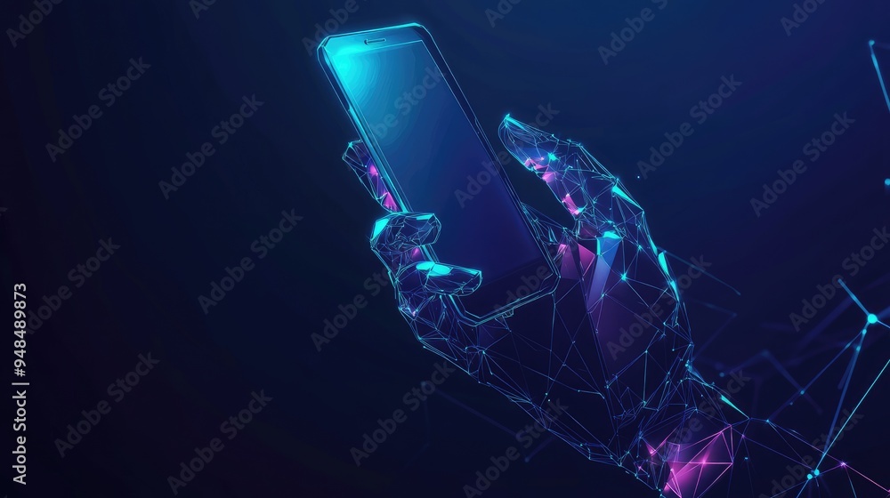Poster a dark blue background with an abstract polygonal hand holding a phone, featuring robotic elements, 