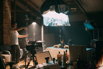 Film set, monitors and modern shooting equipment. Film crew, lighting devices, monitors, playbacks - filming equipment