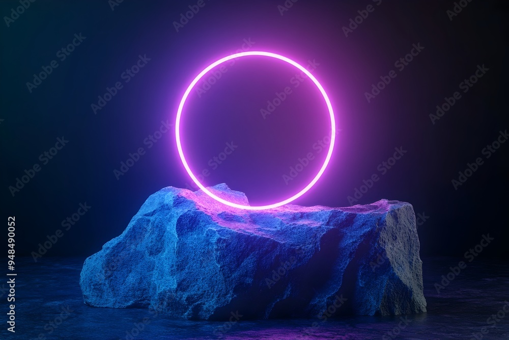 Aufkleber glowing cosmic portal with neon circle gate in surreal black background rendering of an abstract fut
