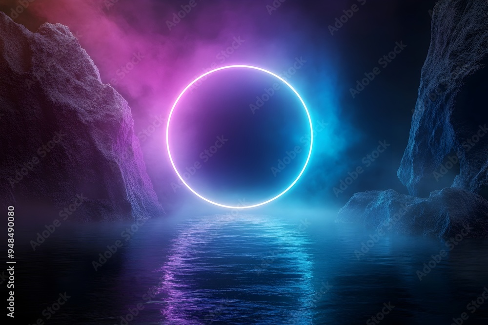 Aufkleber surreal and futuristic abstract digital art of a glowing neon portal or gate with a cosmic spectrum 