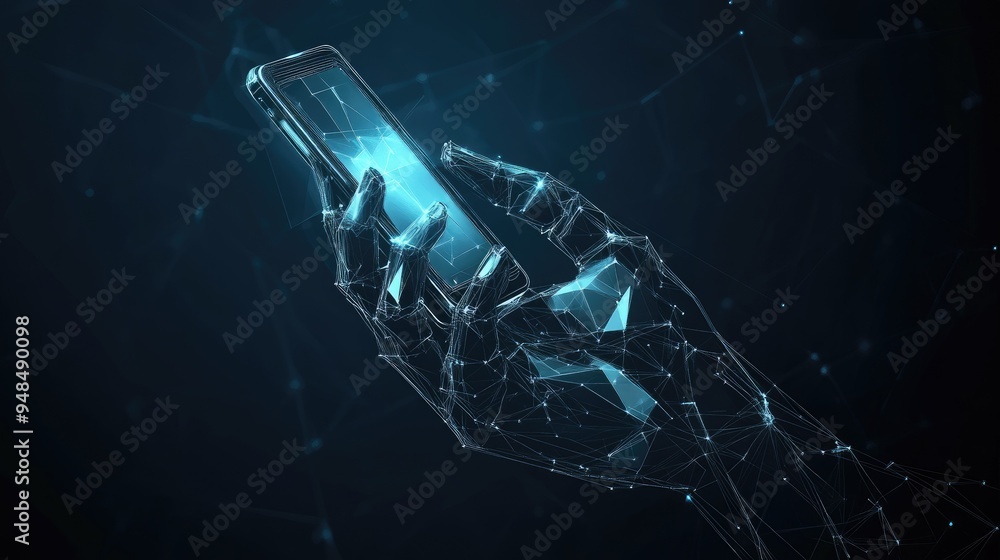 Poster a dark blue background with an abstract polygonal hand holding a phone, featuring robotic elements, 