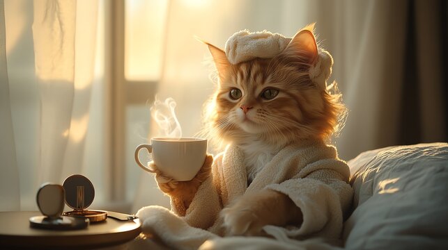 Cute cat in a bathrobe enjoying a cup of coffee in the morning sunlight.