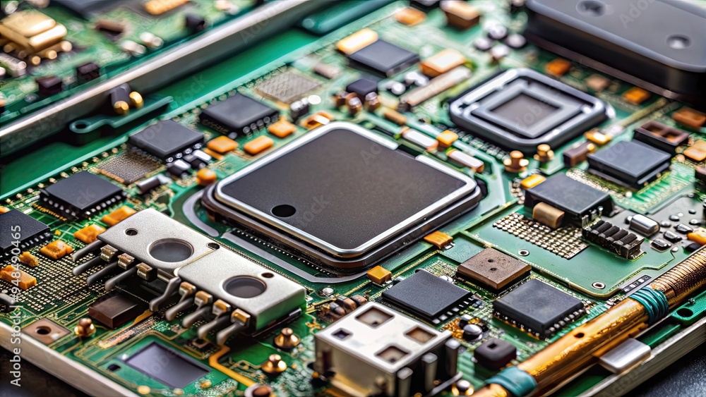 Poster macro shot of a cell phone's internal components, showcasing intricate circuit boards, wires, and mi