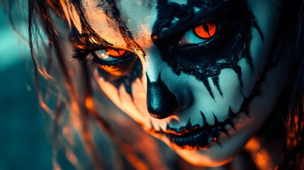 A detailed shot of a model's face with Halloween makeup in high-contrast lighting