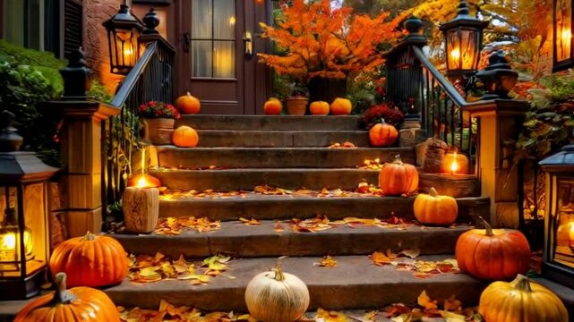 Pumpkin Decorated Staircase for Halloween