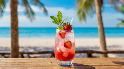 Fresh cold strawberry mojito cocktail glass in a wooden table with beach landscape.