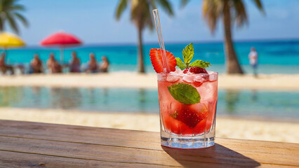 Fresh cold strawberry mojito cocktail glass in a wooden table with beach landscape.
