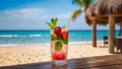 Fresh cold strawberry mojito cocktail glass in a wooden table with beach landscape.
