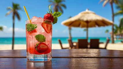 Fresh cold strawberry mojito cocktail glass in a wooden table with beach landscape.