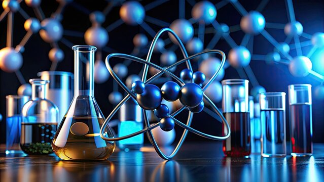 Macro shot of nitrogen element symbol 'N' and atomic number 7, surrounded by molecular structure, test tubes, and laboratory equipment on a dark background.