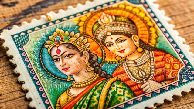 Macro shot of commemorative Indian postage stamp featuring South Asian Regional Cooperation theme, showcasing vibrant colors and intricate design, with subtle texture and details.