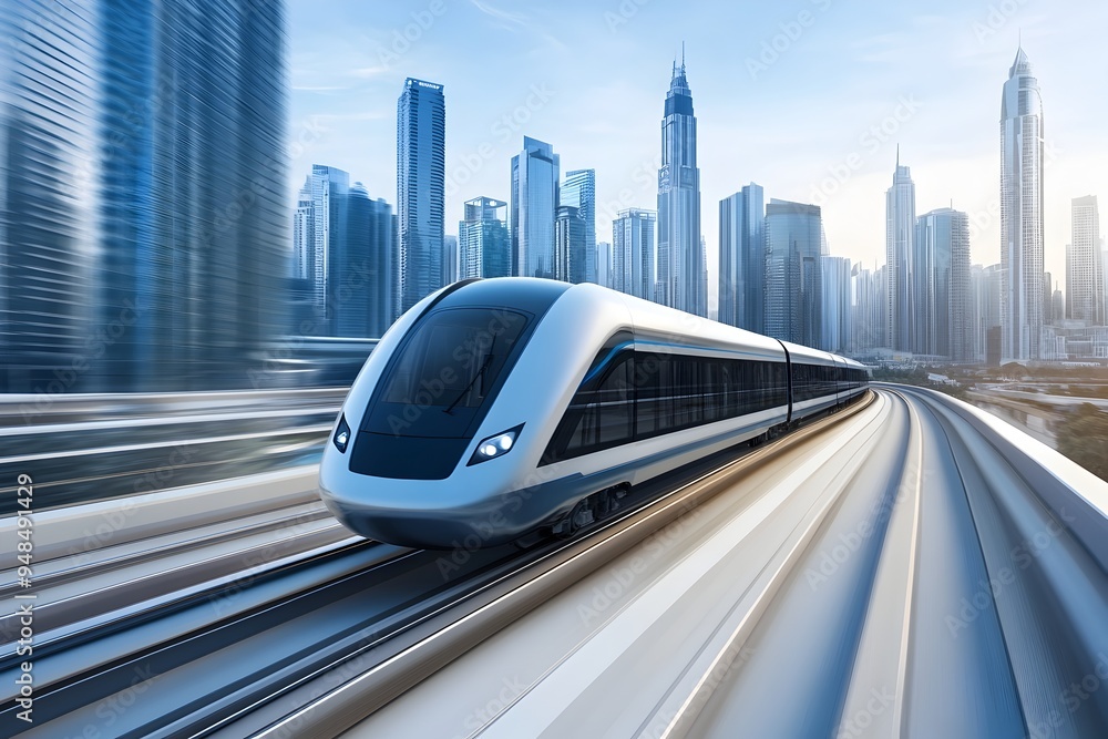 Poster a visionary and rendering showcasing a futuristic skyline with a sleek high speed train zooming thro